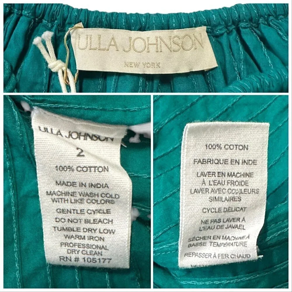 Ulla Johnson Concetta Cotton Blouse, Size 2, Color Verdigris, puff sleeves, NWT